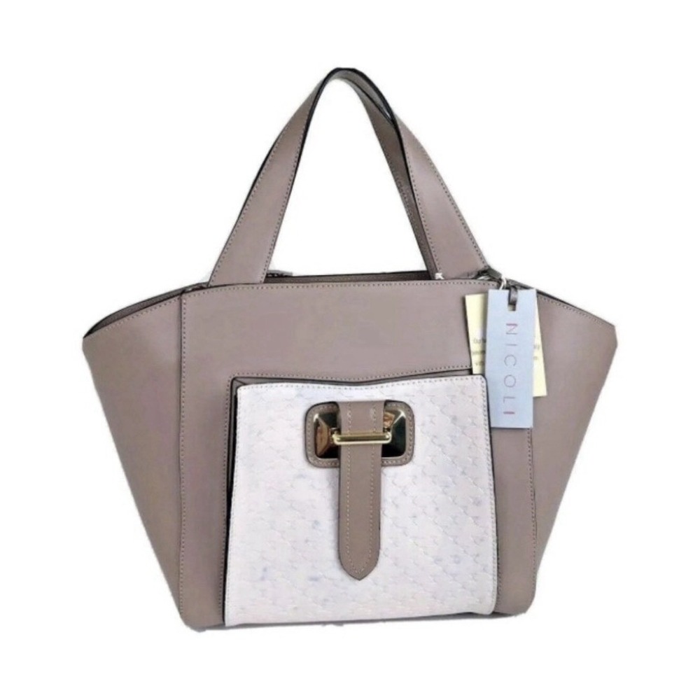 NICOLI Nude Satchel Top Handle Bag Buckle Accent Gold Hardware Dust Bag